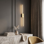 Slim Linear LED Wall Light – Gold in an elegant dining room above a marble sideboard