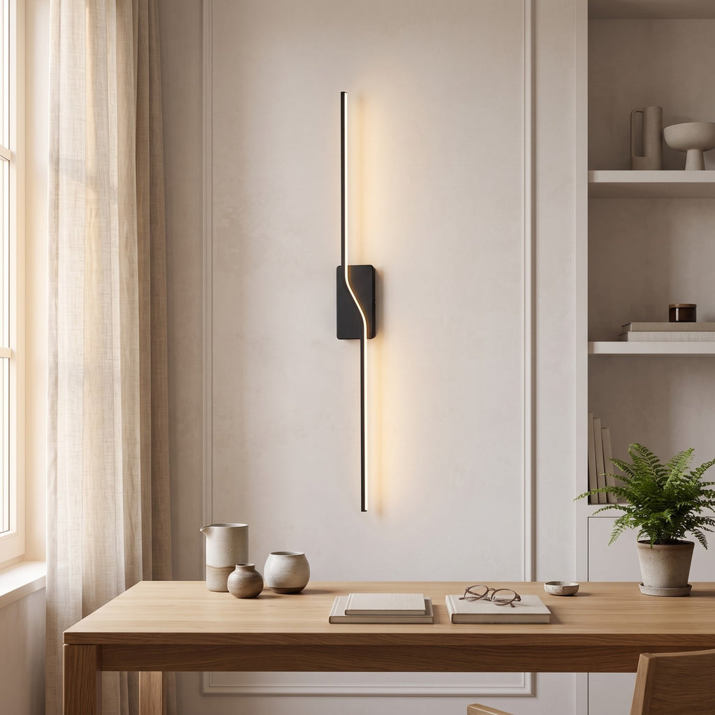Slim Linear LED Wall Light – Black in a calm home office above a solid oak desk