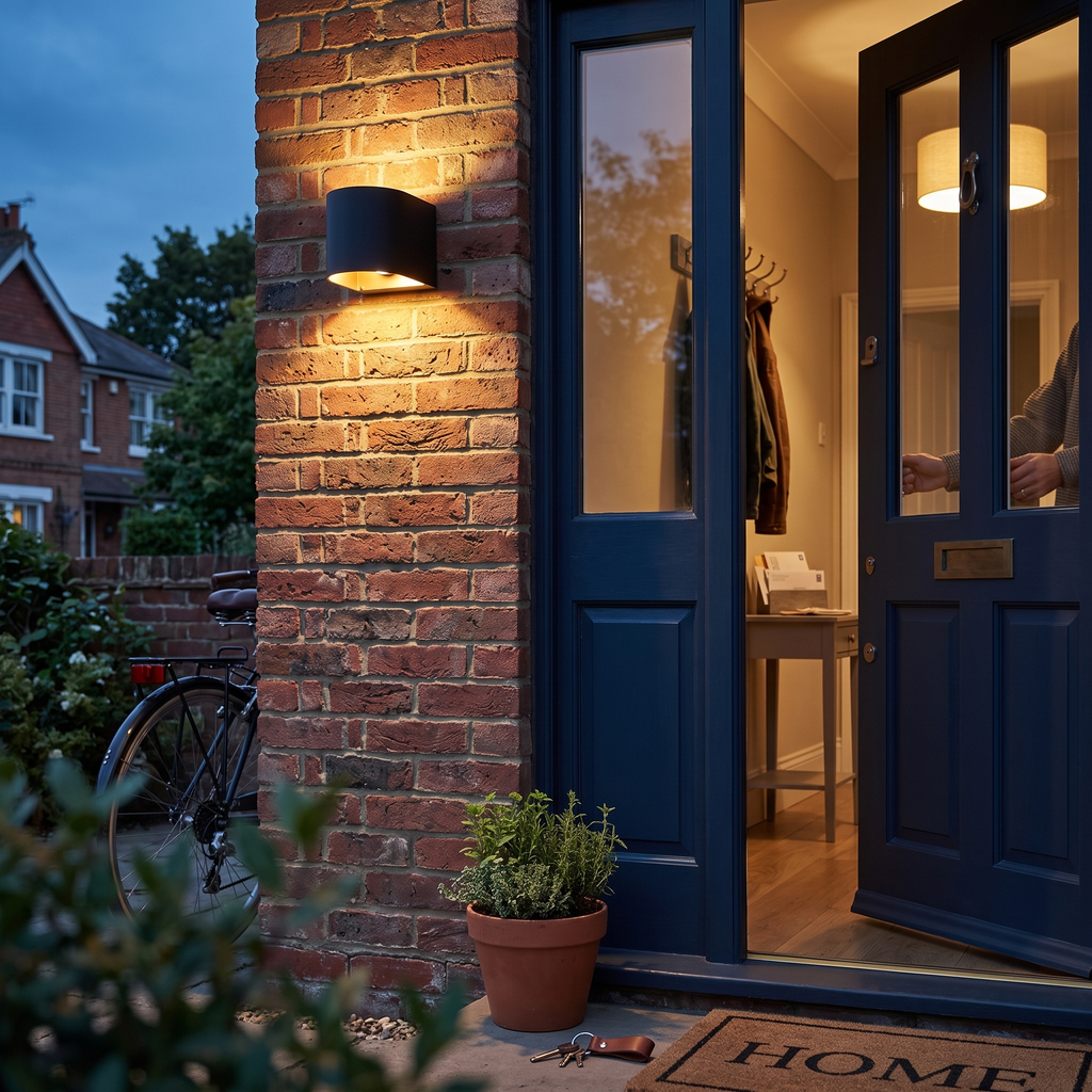 Outdoor Wall Light Small Black beside front door at dusk - Ray