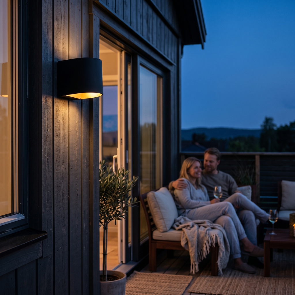 Outdoor Wall Light Small Black on terrace at blue hour - Ray