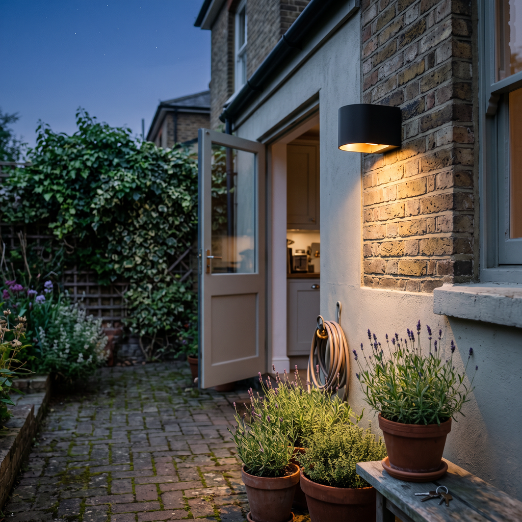 Outdoor Wall Light Small Black by side path at twilight - Ray
