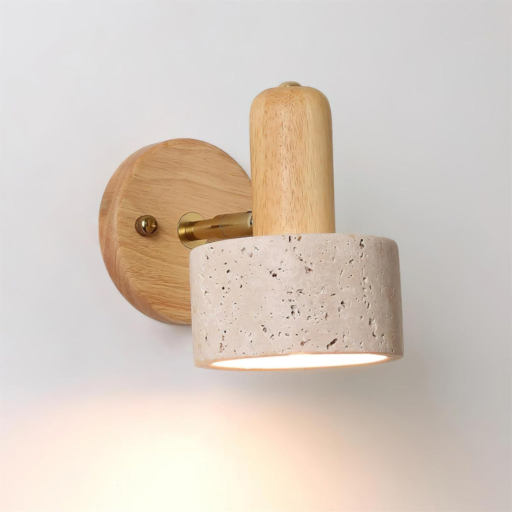 Small Travertine Wall Light – E27 – Travertine, Wood & Glass