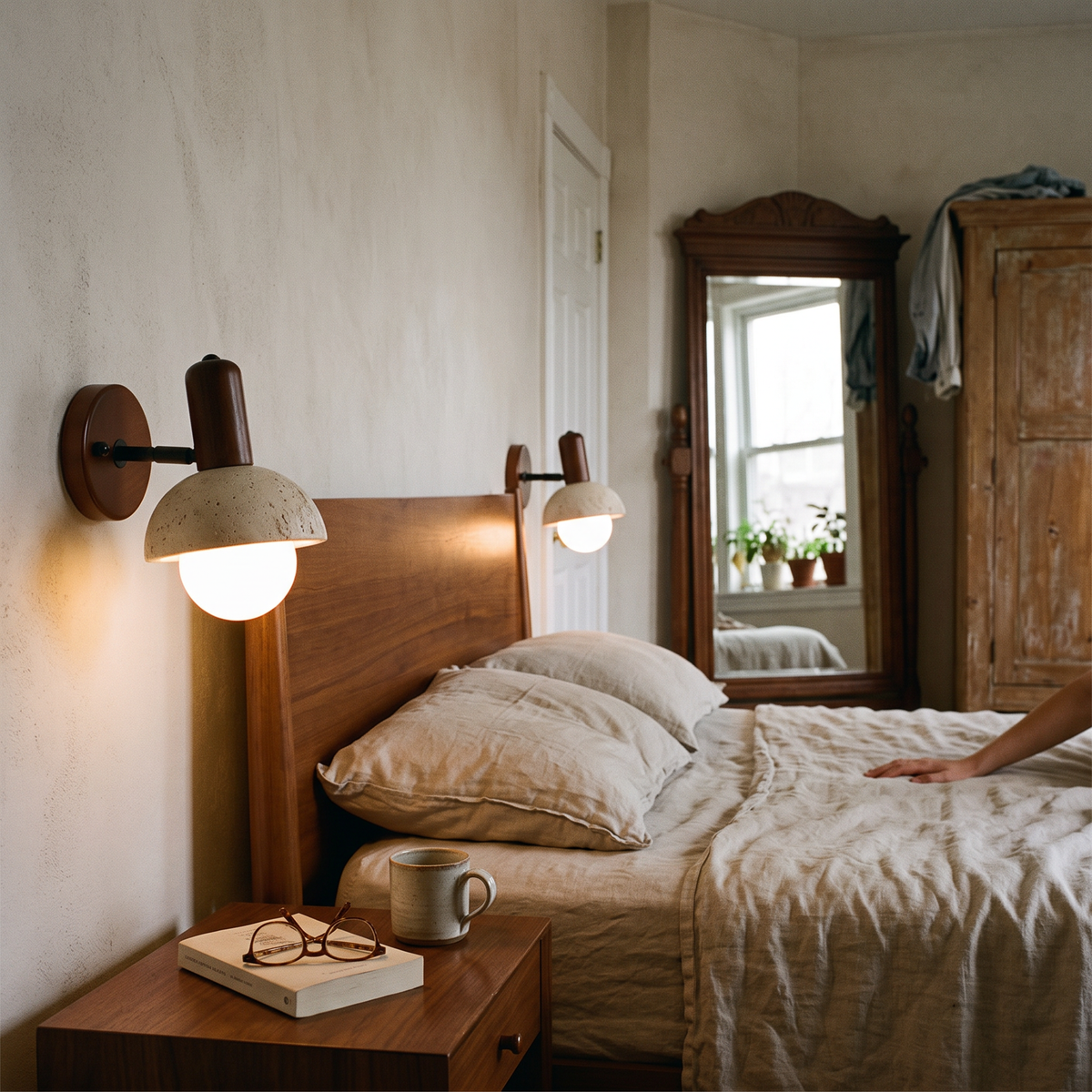 Travertine Wall Light Wood and Glass pair styled in interior - Oswin