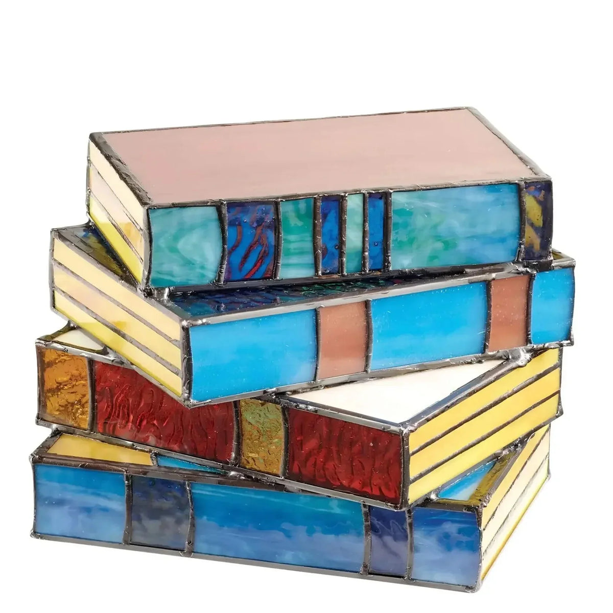 Vintage stained glass table lamp shaped like a stack of multicolored books with textured panels.
