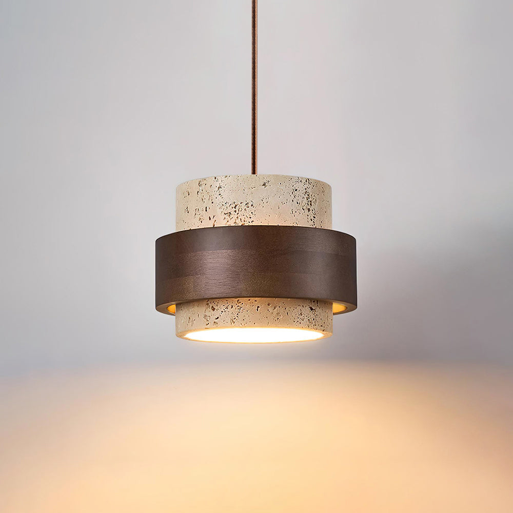 Travertine Pendant Light – E27 – Modern – Travertine & Walnut
