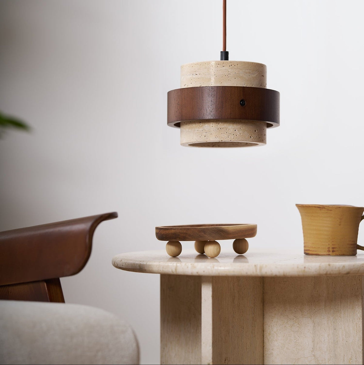 Travertine Pendant Light – E27 – Modern – Travertine & Walnut