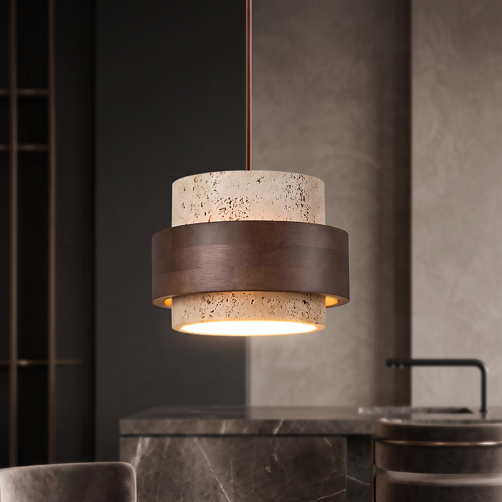 Travertine Pendant Light – E27 – Modern – Travertine & Walnut