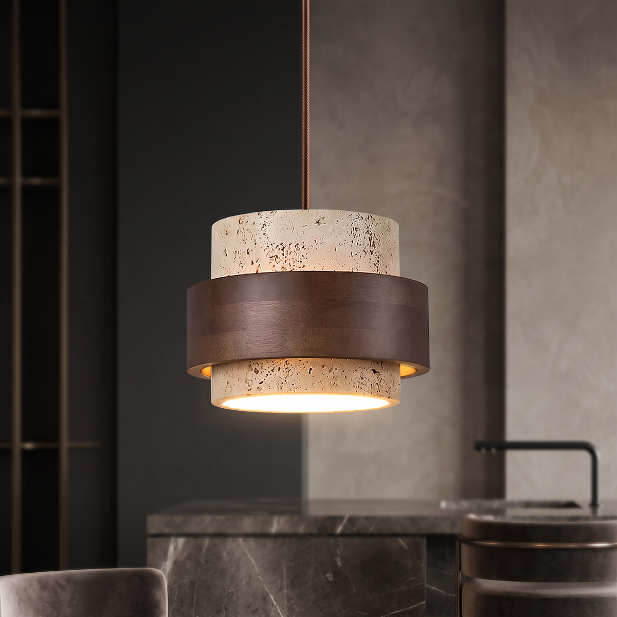 Travertine Pendant Light – E27 – Modern – Travertine & Walnut