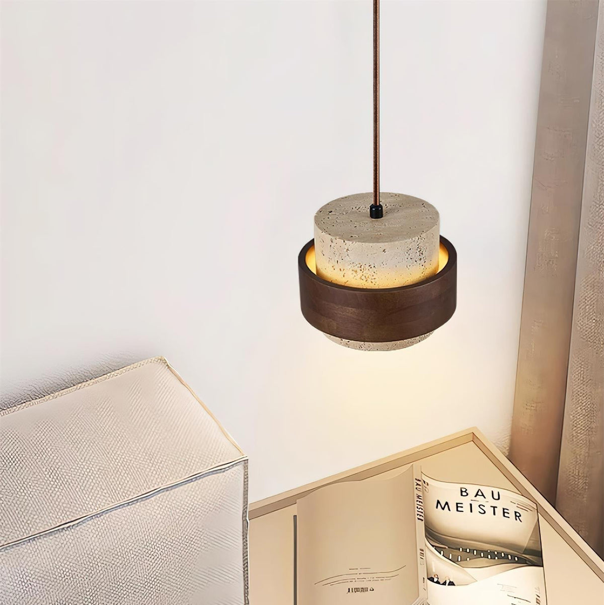 Travertine Pendant Light – E27 – Modern – Travertine & Walnut