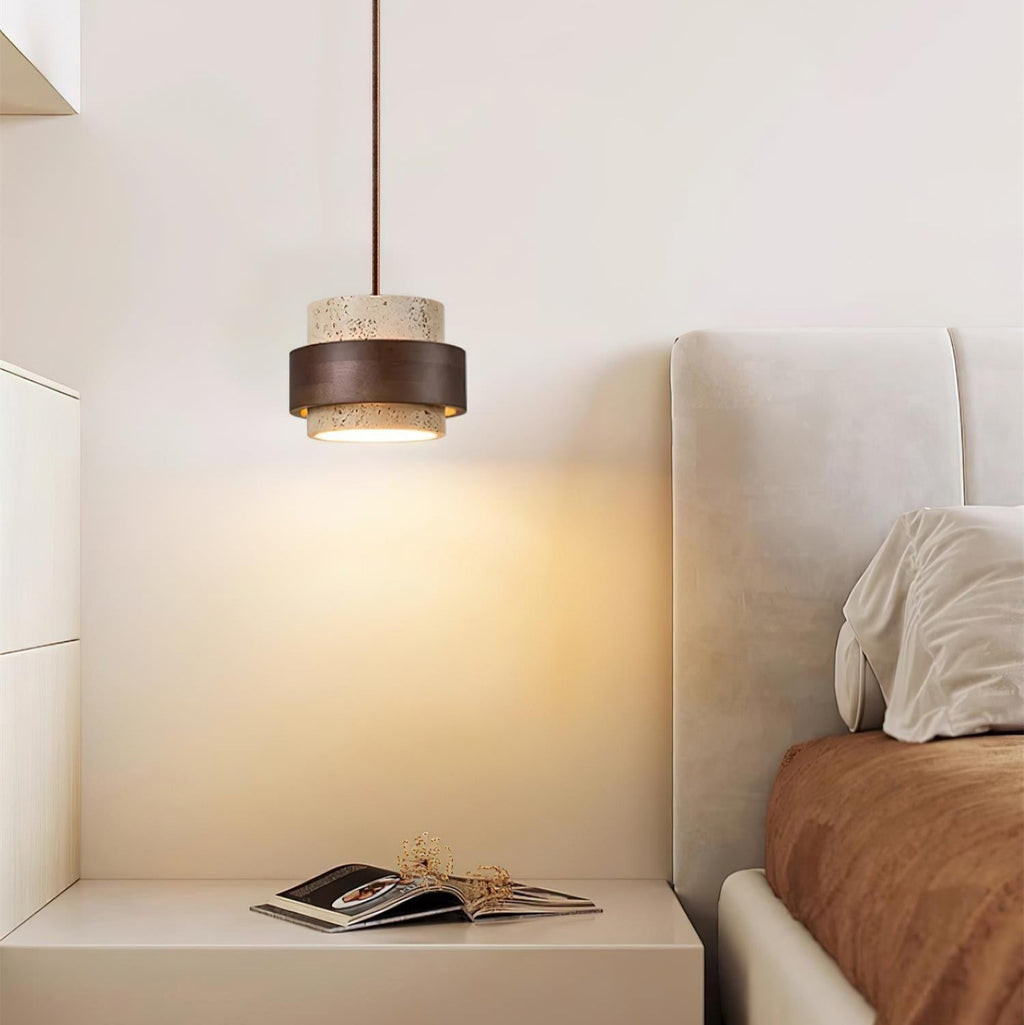 Travertine Pendant Light – E27 – Modern – Travertine & Walnut