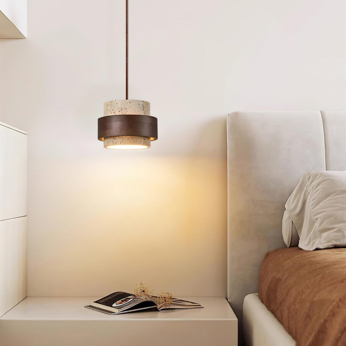 Travertine Pendant Light – E27 – Modern – Travertine & Walnut