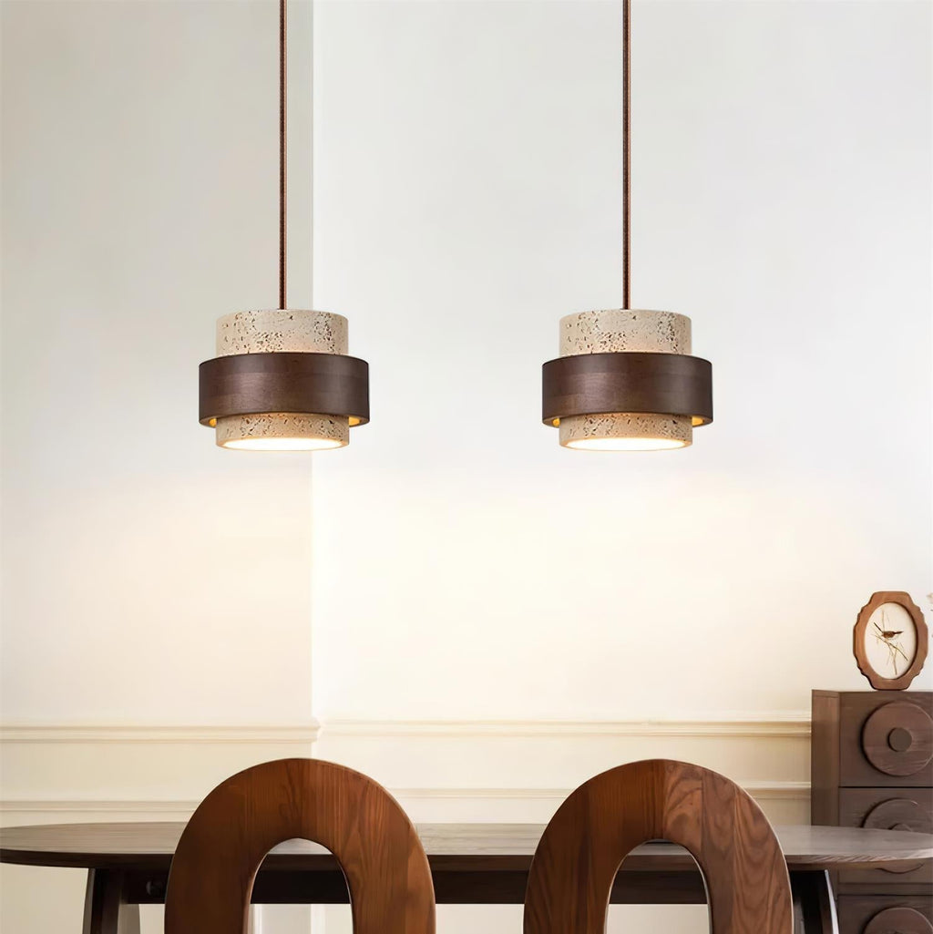 Travertine Pendant Light – E27 – Modern – Travertine & Walnut