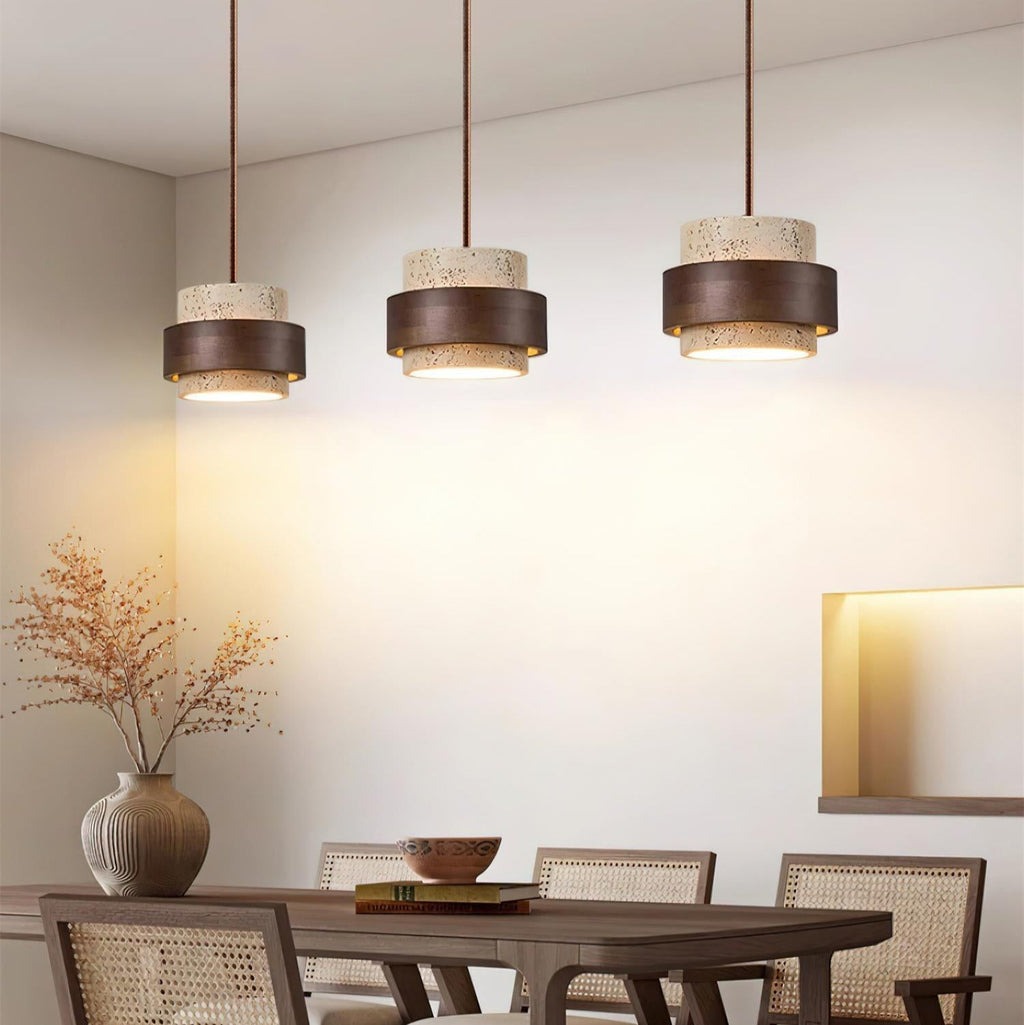 Travertine Pendant Light – E27 – Modern – Travertine & Walnut