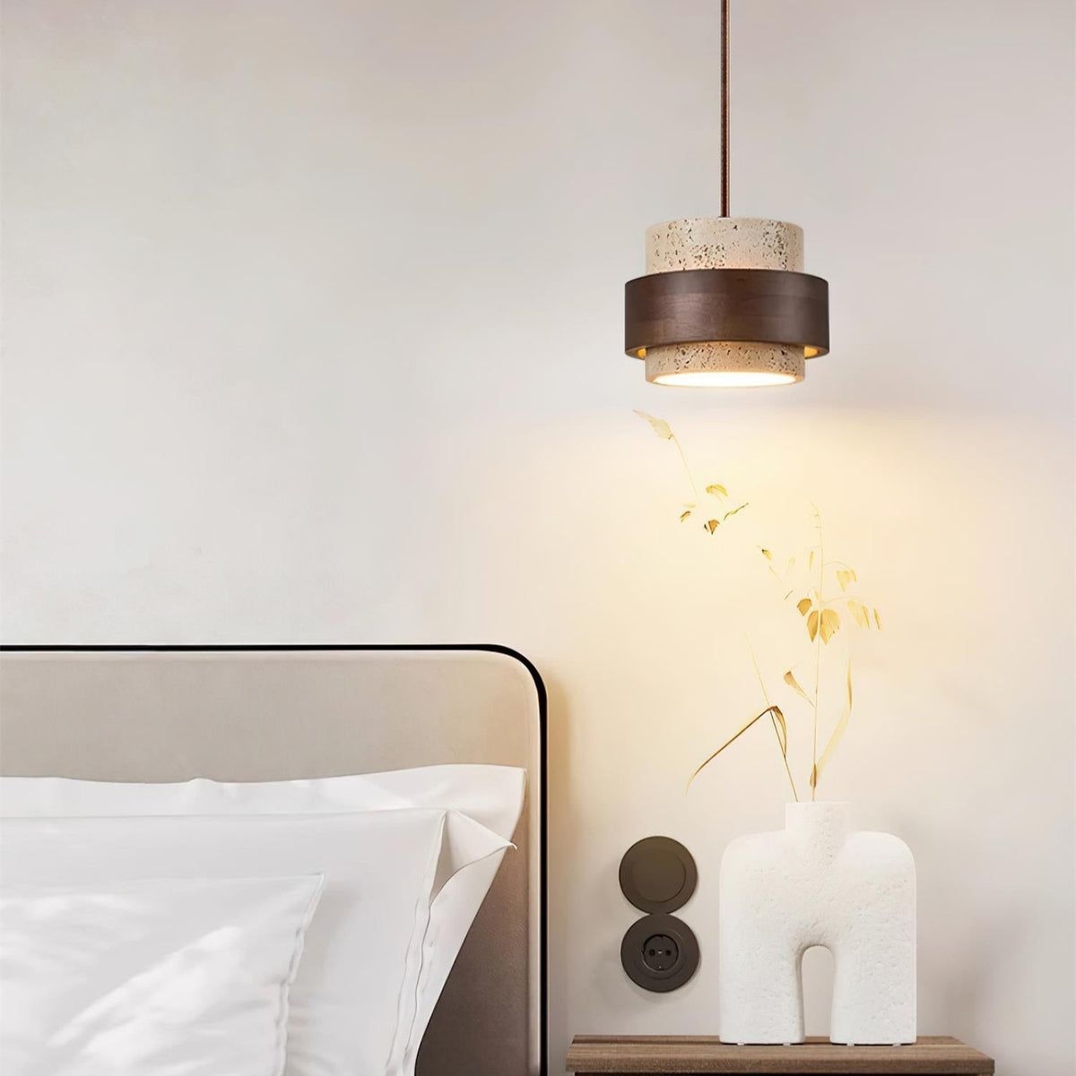 Travertine Pendant Light – E27 – Modern – Travertine & Walnut