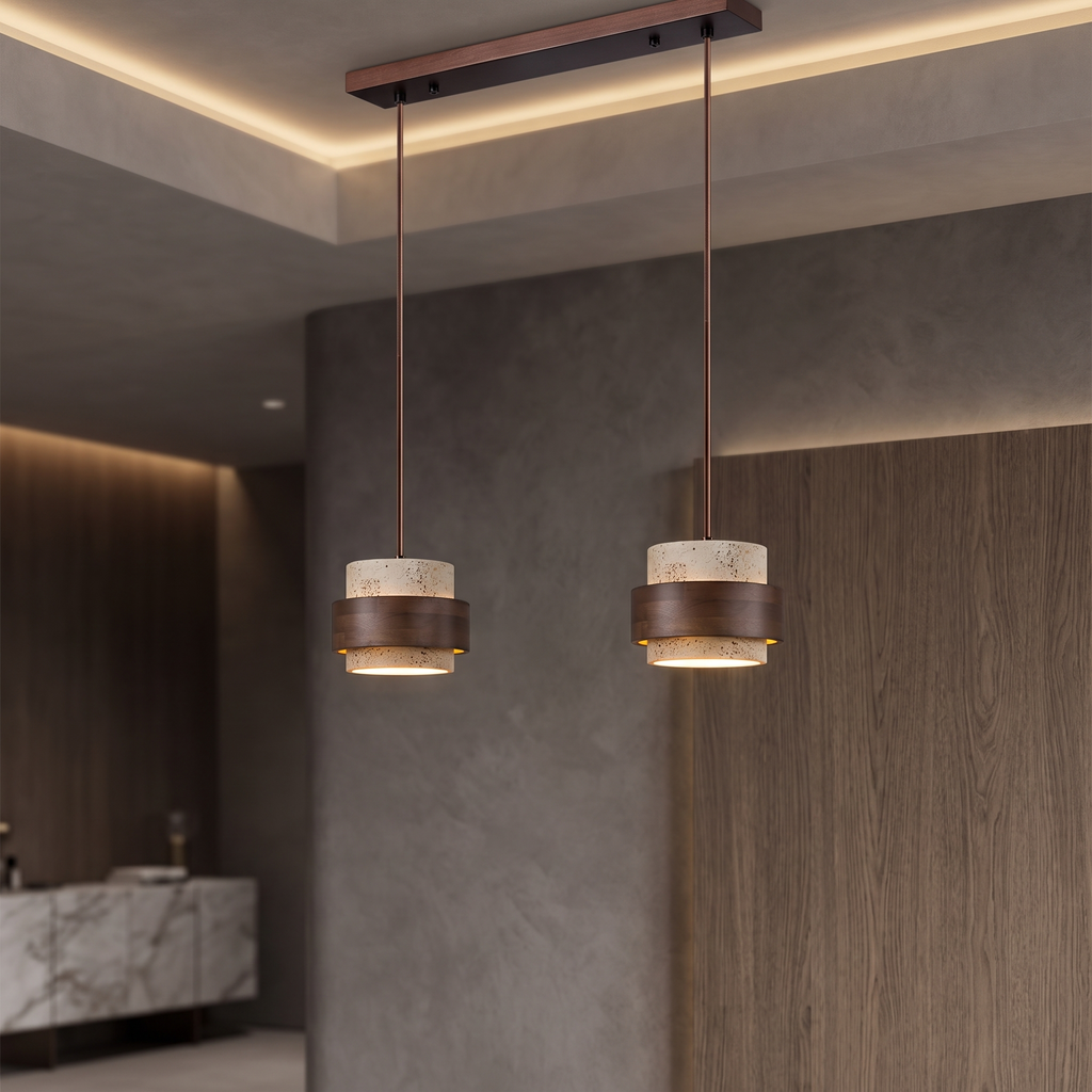 Travertine Pendant Light – E27 – Modern – Travertine & Walnut