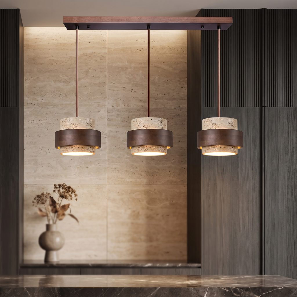 Travertine Pendant Light – E27 – Modern – Travertine & Walnut
