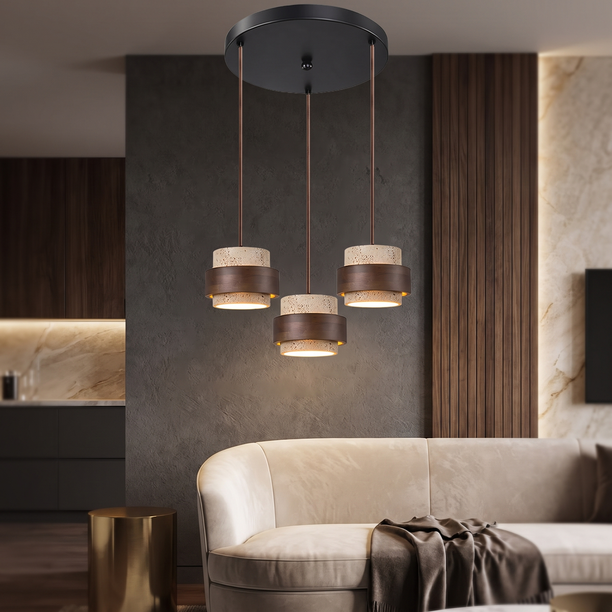 Travertine Pendant Light – E27 – Modern – Travertine & Walnut