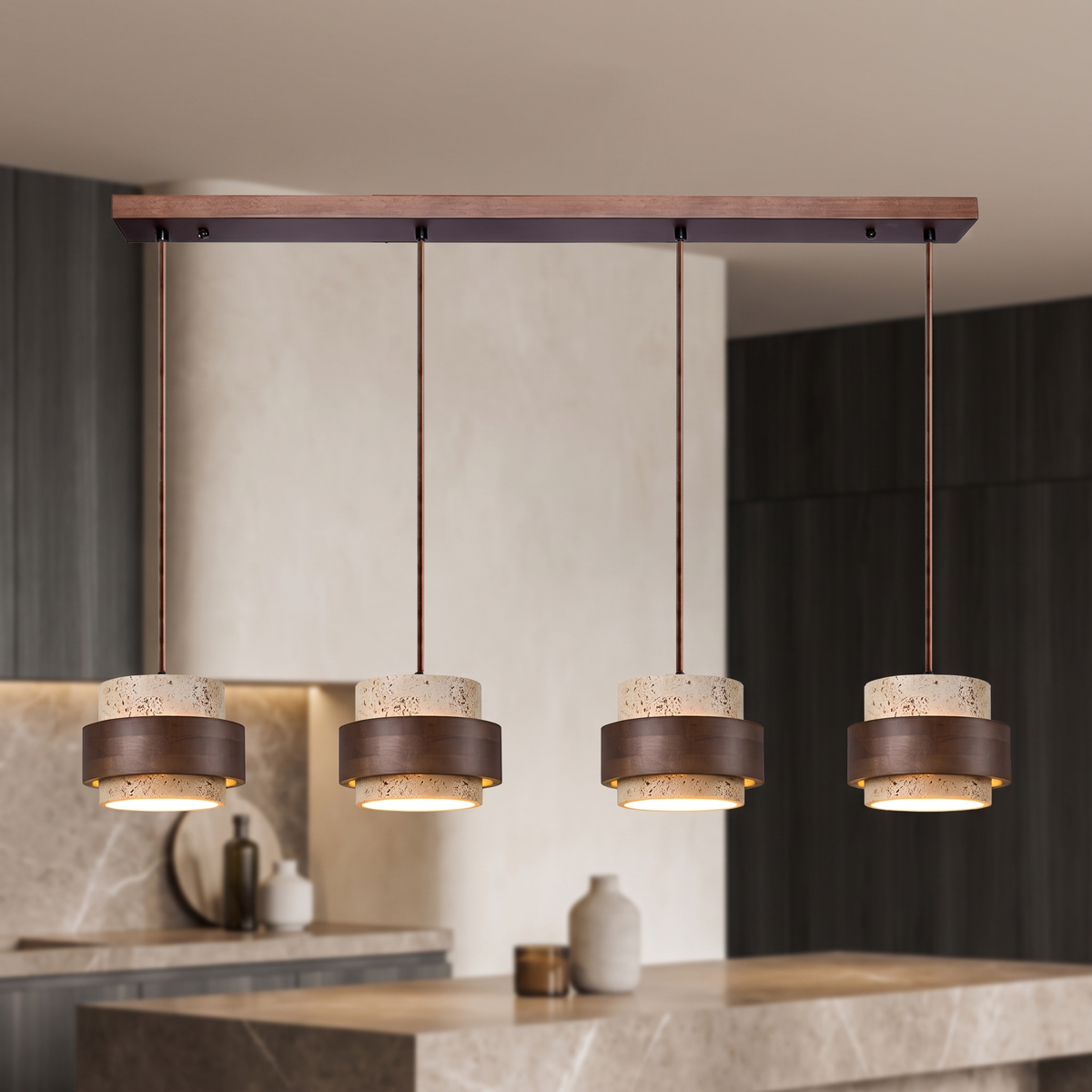 Travertine Pendant Light – E27 – Modern – Travertine & Walnut