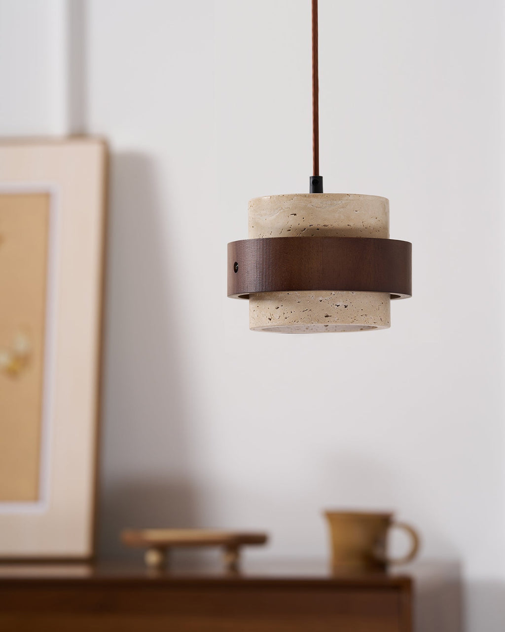 Travertine Pendant Light – E27 – Modern – Travertine & Walnut