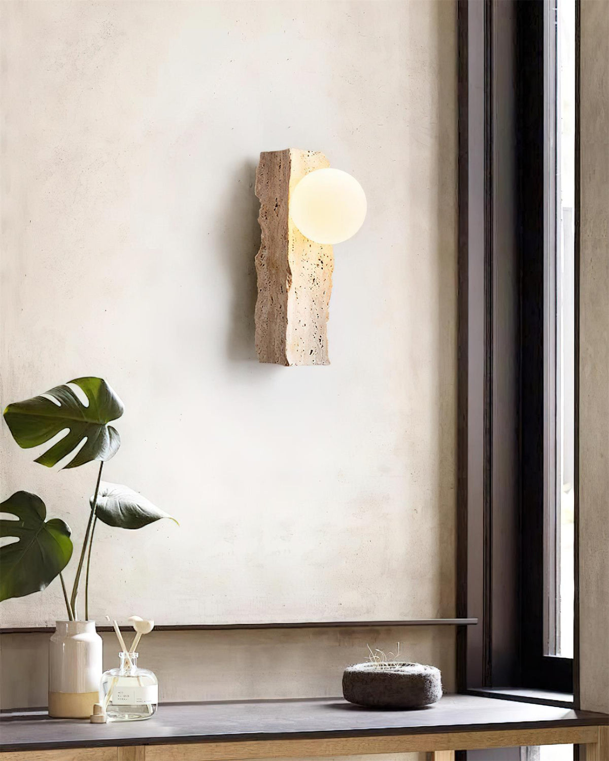 Travertine Wall Light – E27 – Japandi – Travertine & Glass