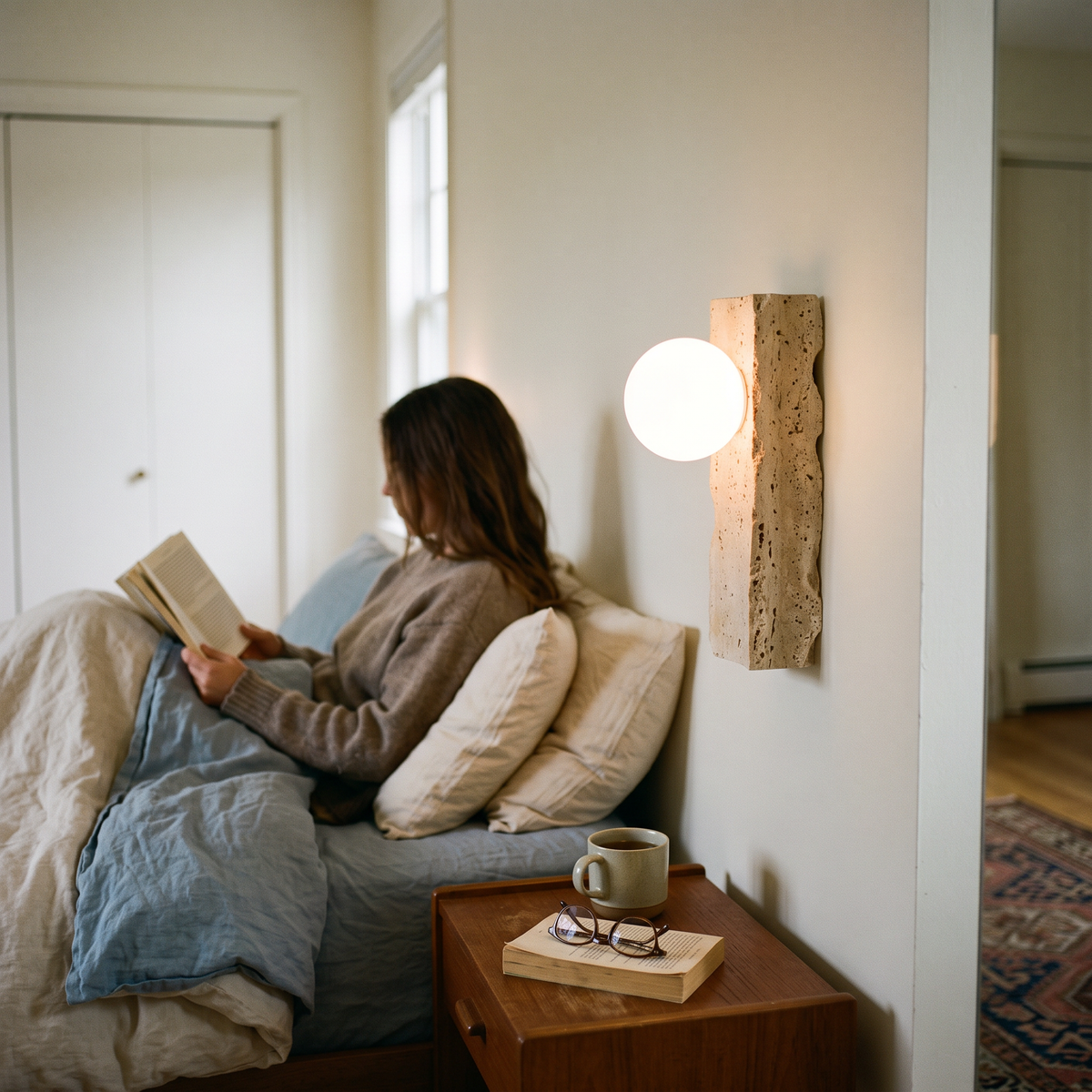 Travertine Wall Light with Glass Shade in bedroom above bedside table - Obrio