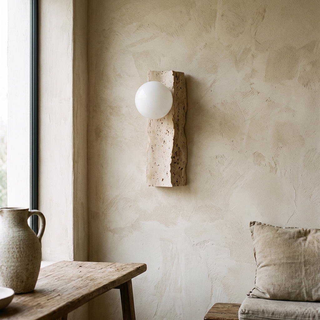 Travertine Wall Light with Glass Shade detail in daylight - Obrio