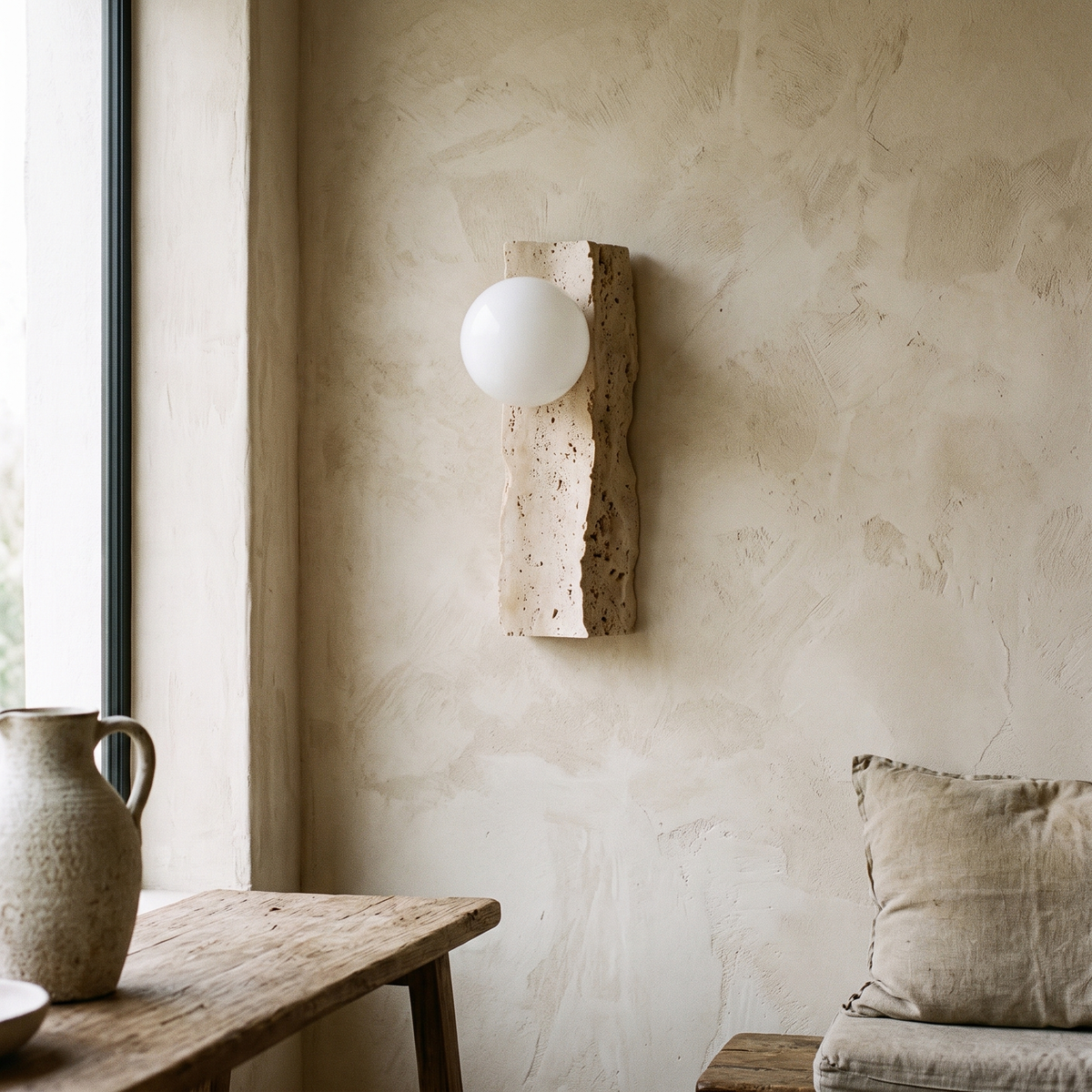 Travertine Wall Light with Glass Shade detail in daylight - Obrio