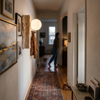 Travertine Wall Light with Glass Shade in hallway - Obrio