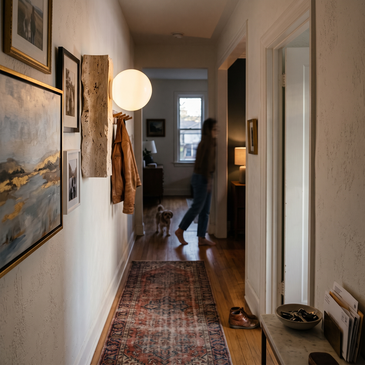 Travertine Wall Light with Glass Shade in hallway - Obrio