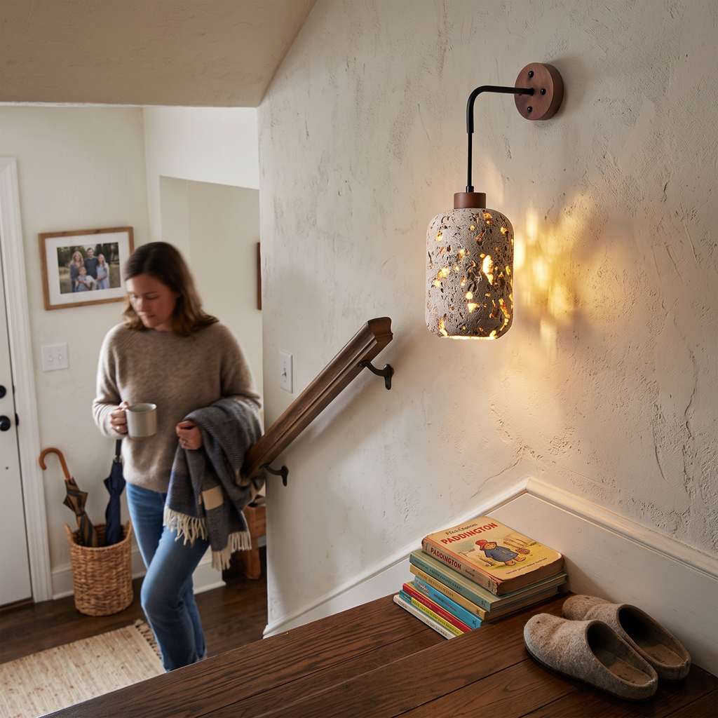 Travertine Wall Light Rustic on staircase wall - Fynel