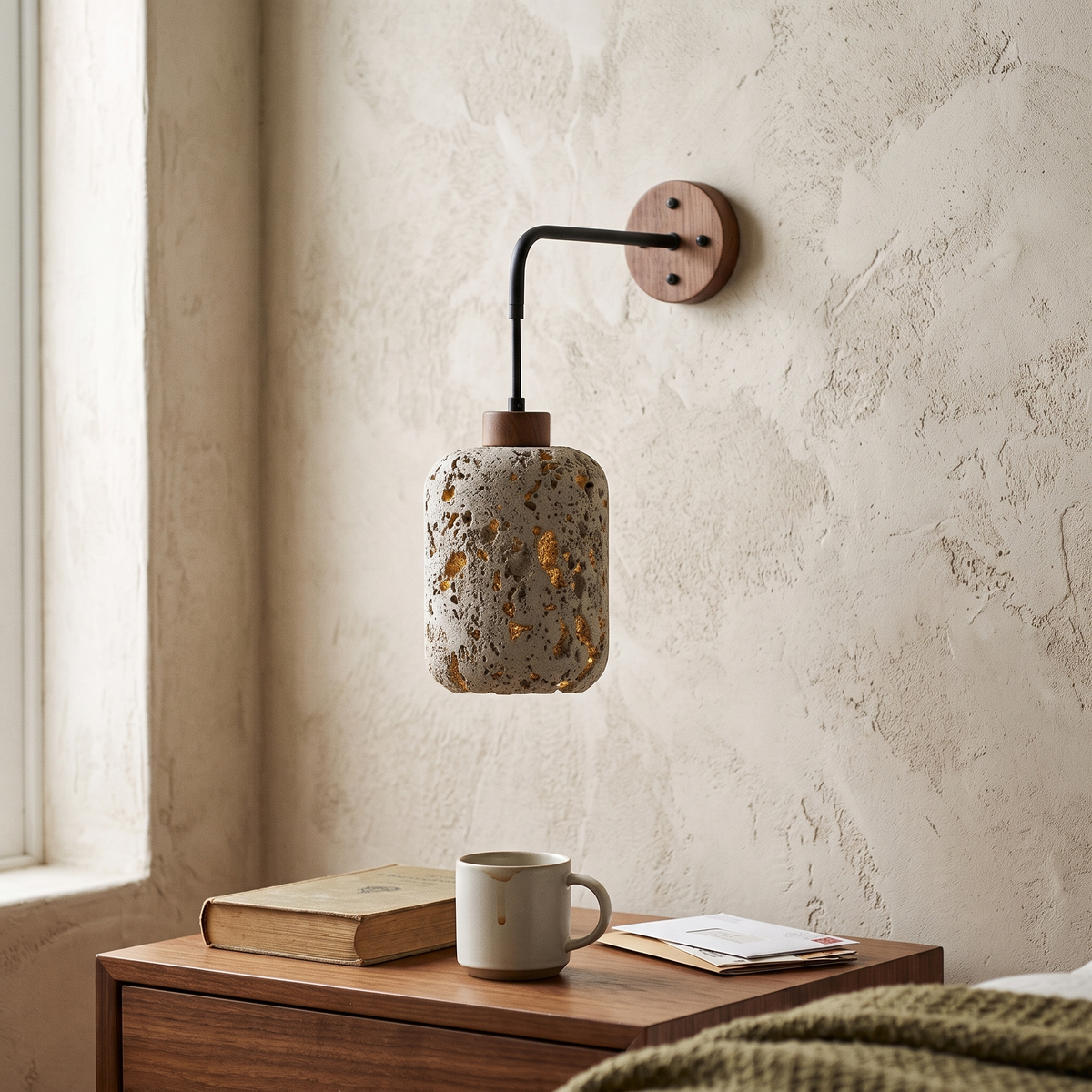 Travertine Wall Light Rustic detail in daylight - Fynel