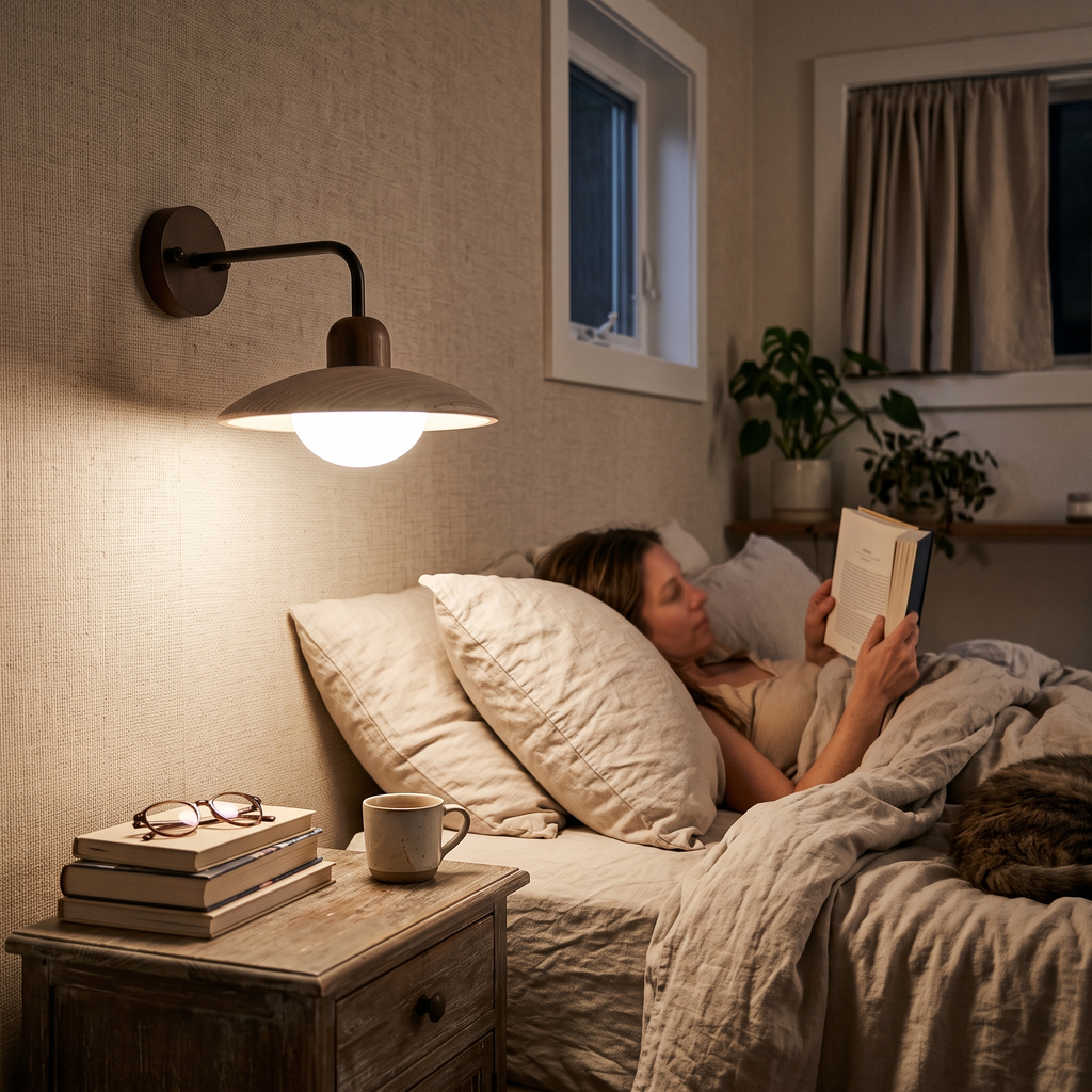 Travertine Wall Light Mid Century in bedroom above bedside table - Aria