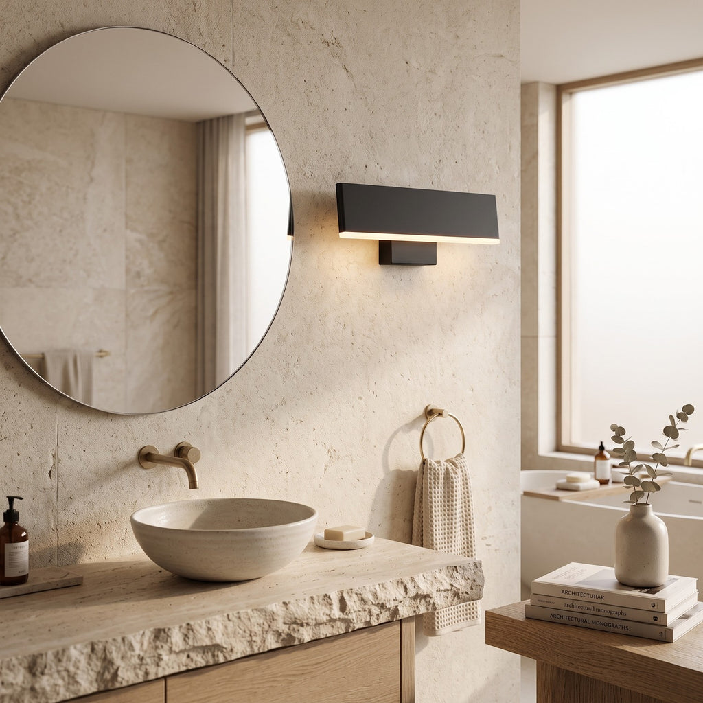 Up Down LED Wall Light – Black in a spa-like bathroom beside a large round mirror and stone vanity