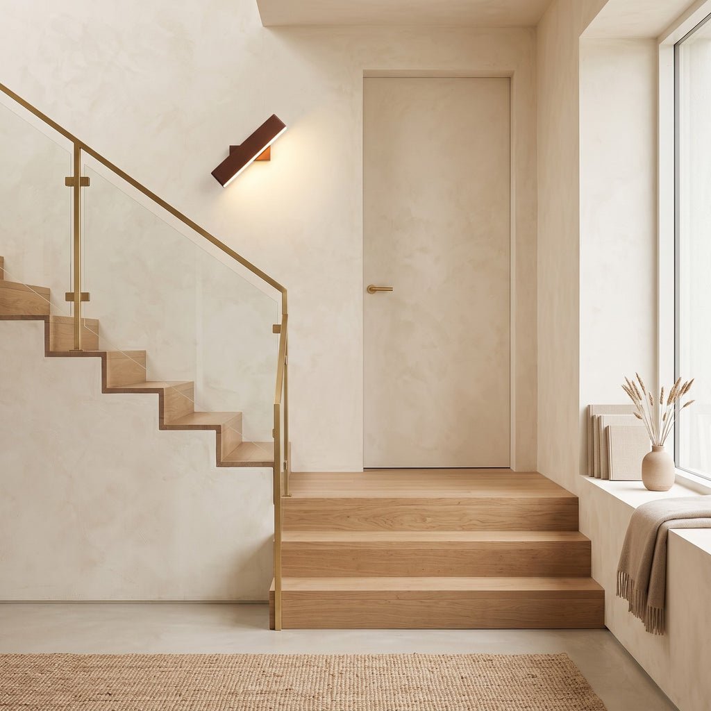 Up Down LED Wall Light – Brown in a staircase landing with limewashed walls