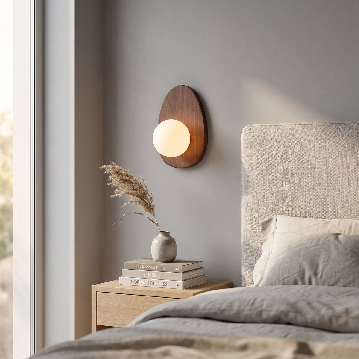 Walnut Wood Wall Light in a serene bedroom beside an upholstered headboard and oak nightstand