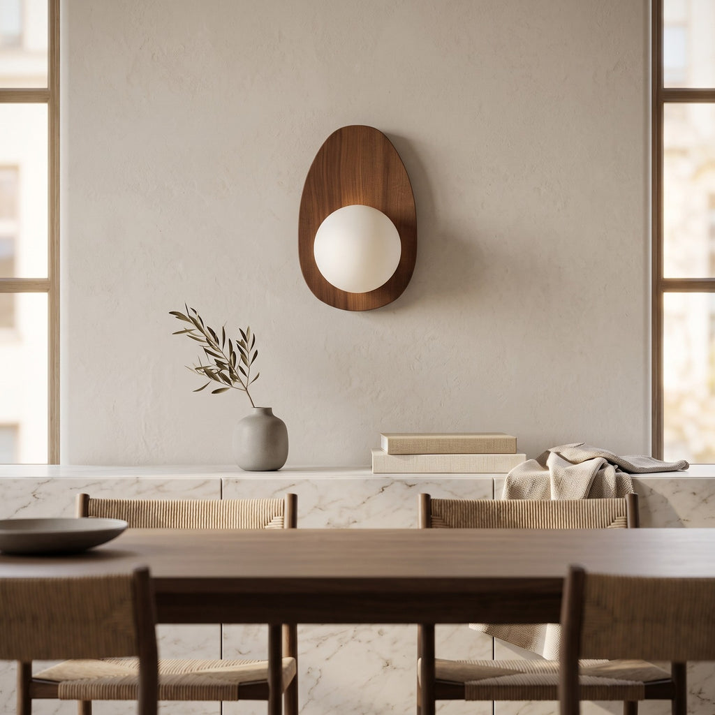 Walnut Wood Wall Light in an elegant dining room above a marble sideboard