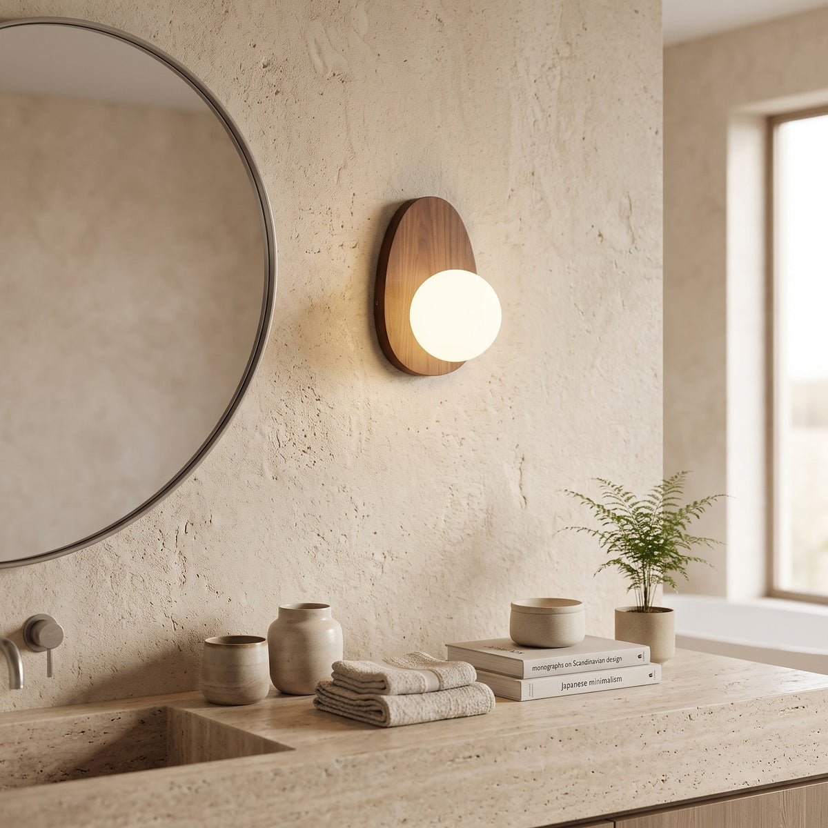 Walnut Wood Wall Light in a spa-like bathroom beside a large round mirror and stone vanity