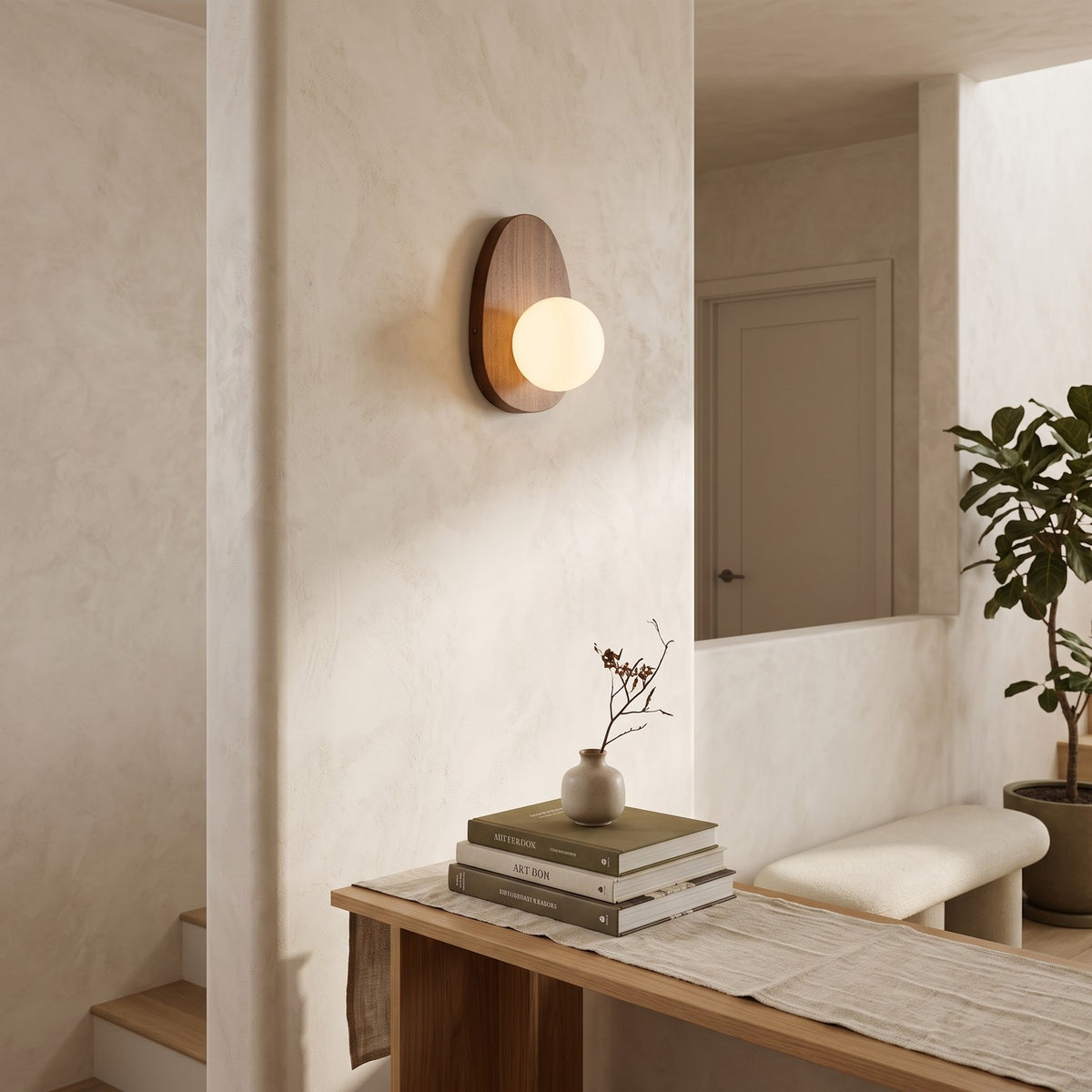 Walnut Wood Wall Light in a staircase landing with limewashed walls
