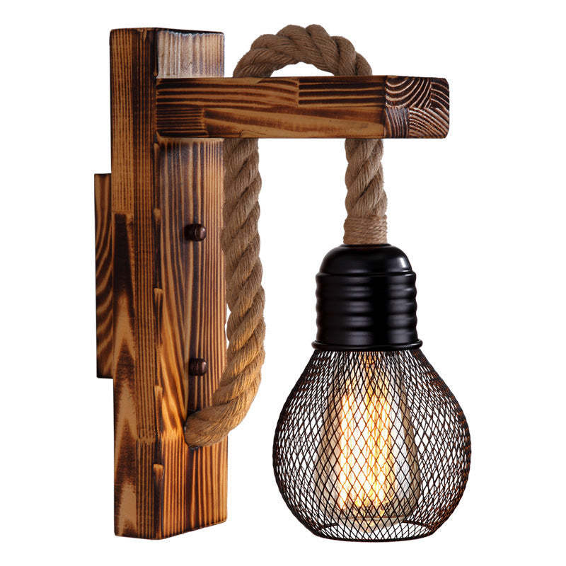 Wood and Rope Wall Light – E27 – Rustic – Wood & Hemp Rope – L 30cm