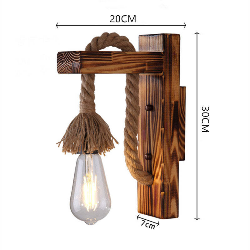 Wood and Rope Wall Light – E27 – Rustic – Wood & Hemp Rope – L 30cm