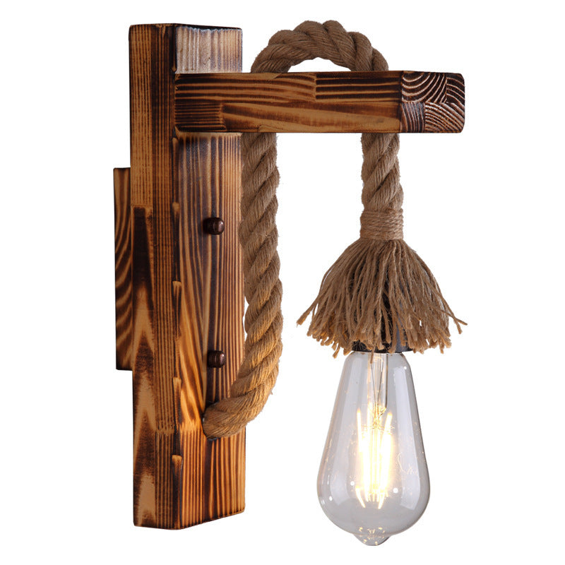 Wood and Rope Wall Light – E27 – Rustic – Wood & Hemp Rope – L 30cm