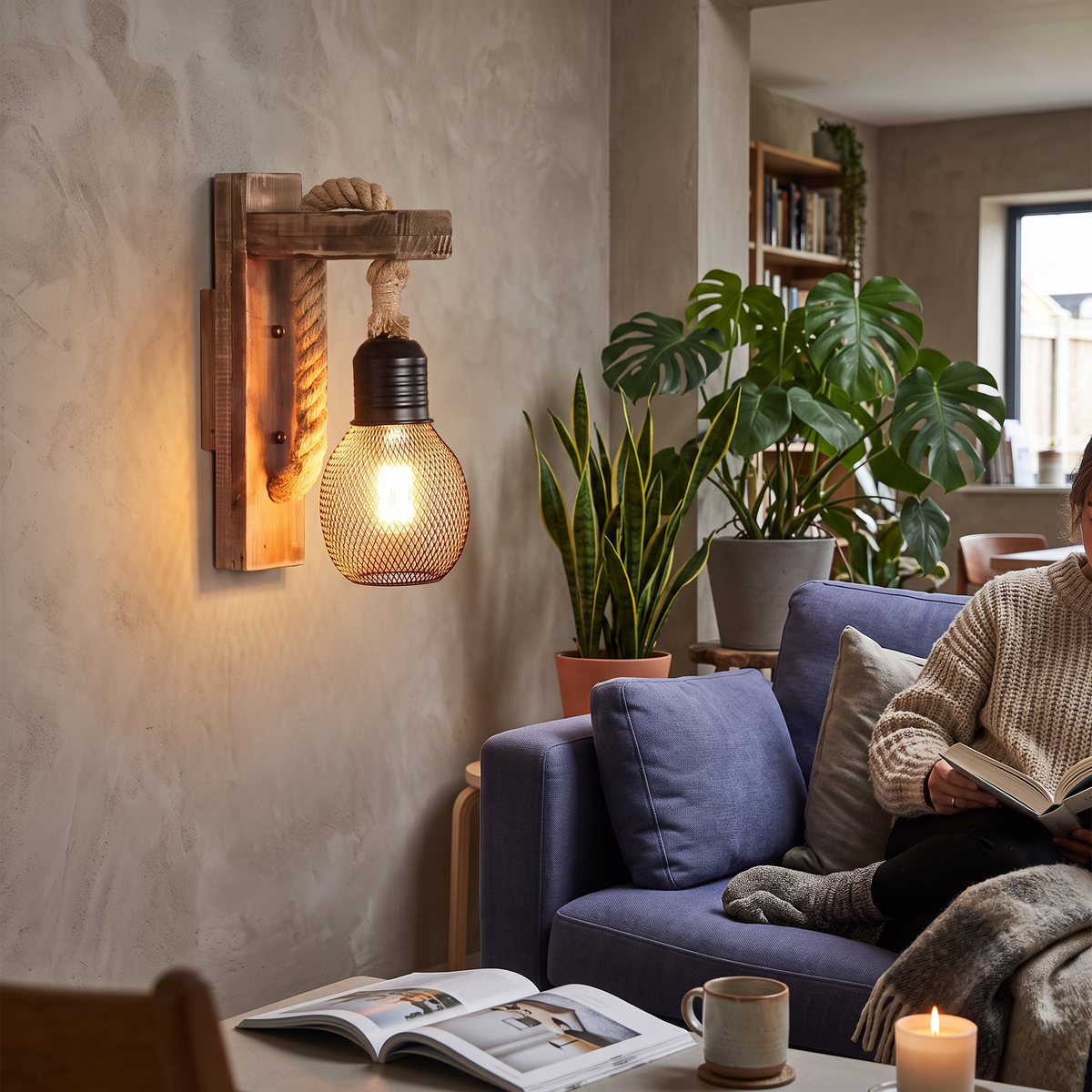 Wood and Rope Wall Light in living room - Silva