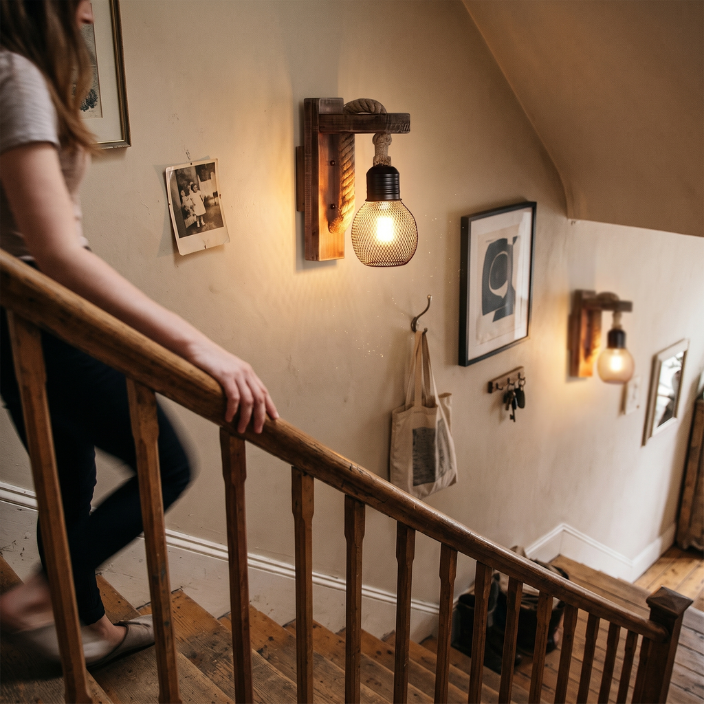 Wood and Rope Wall Light on staircase wall - Silva