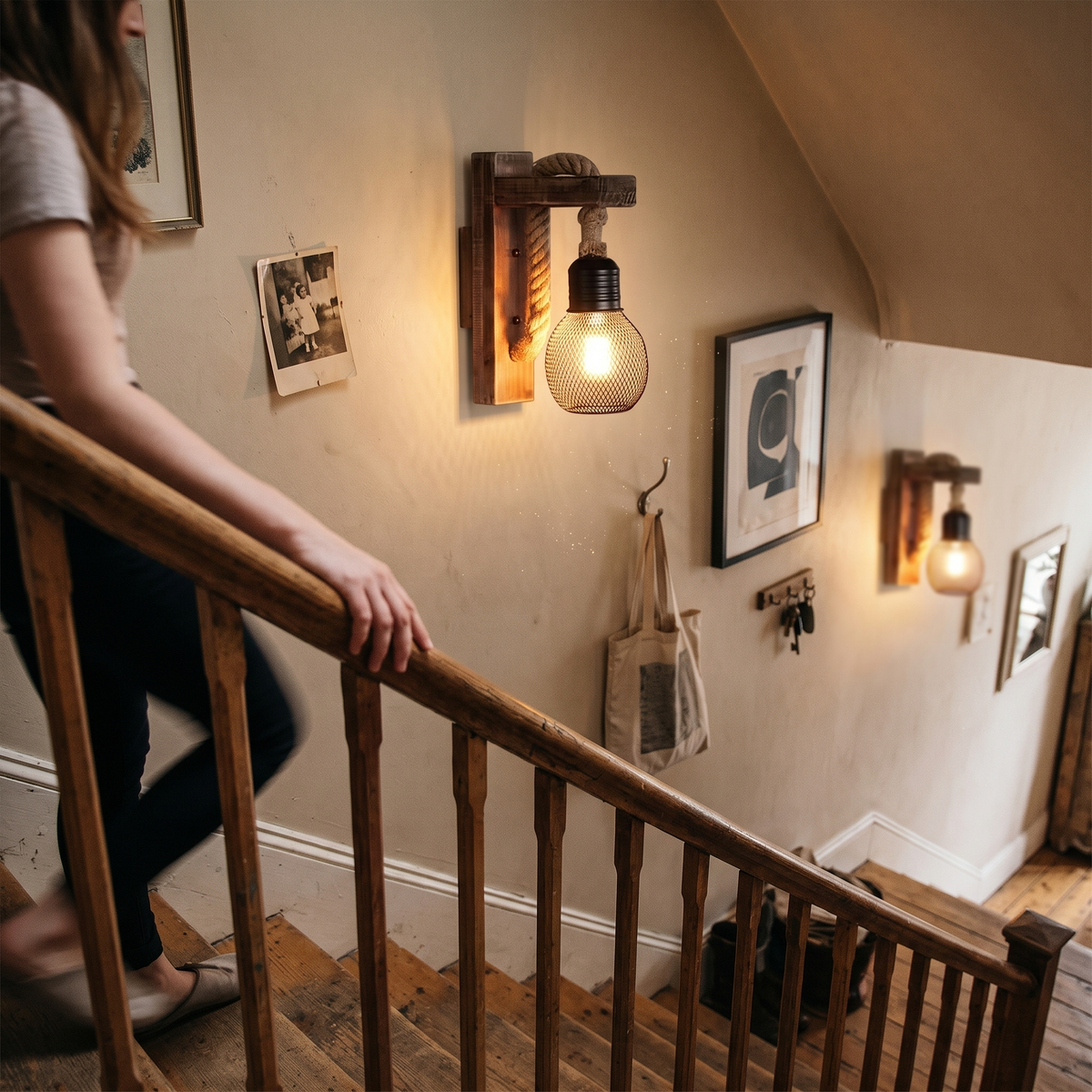 Wood and Rope Wall Light on staircase wall - Silva
