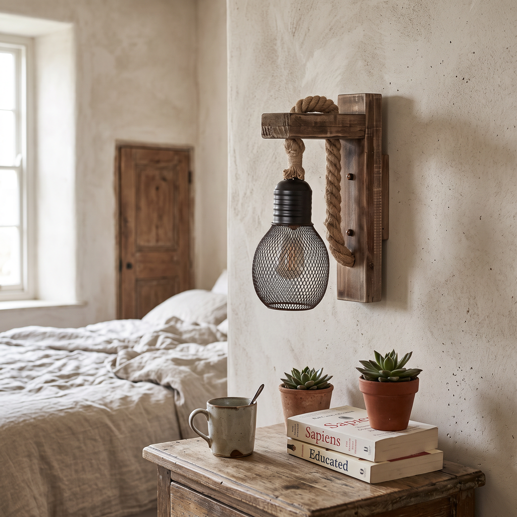 Wood and Rope Wall Light detail in daylight - Silva