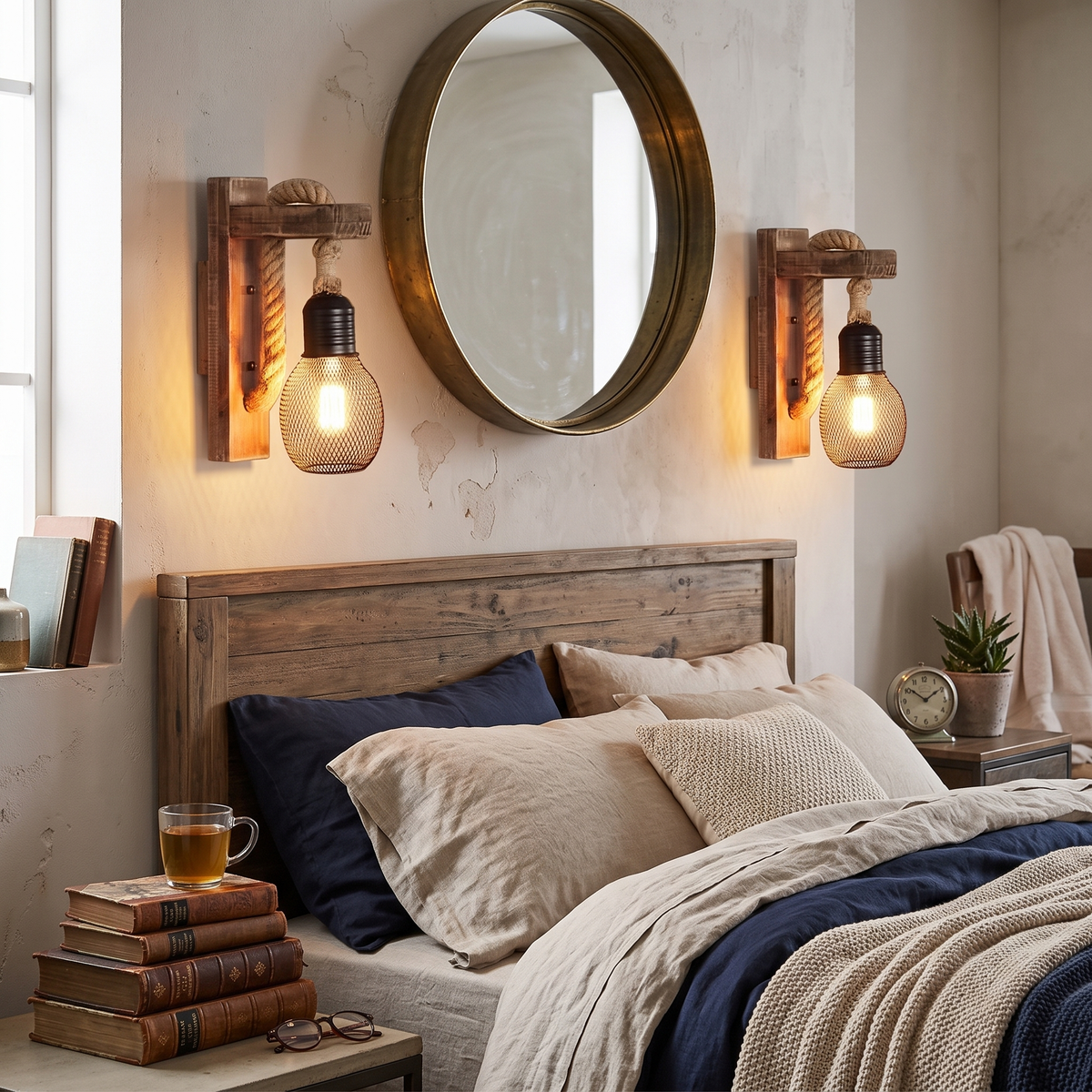 Wood and Rope Wall Light pair styled in interior - Silva