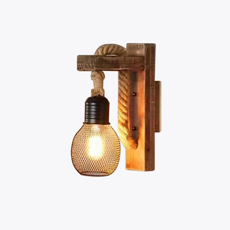 Wood and Rope Wall Light – E27 – Rustic – Wood & Hemp Rope – L 30cm