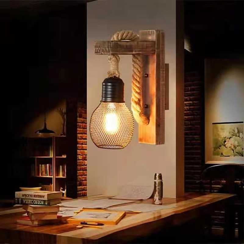 Wood and Rope Wall Light – E27 – Rustic – Wood & Hemp Rope – L 30cm