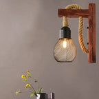 Wood and Rope Wall Light – E27 – Rustic – Wood & Hemp Rope – L 30cm