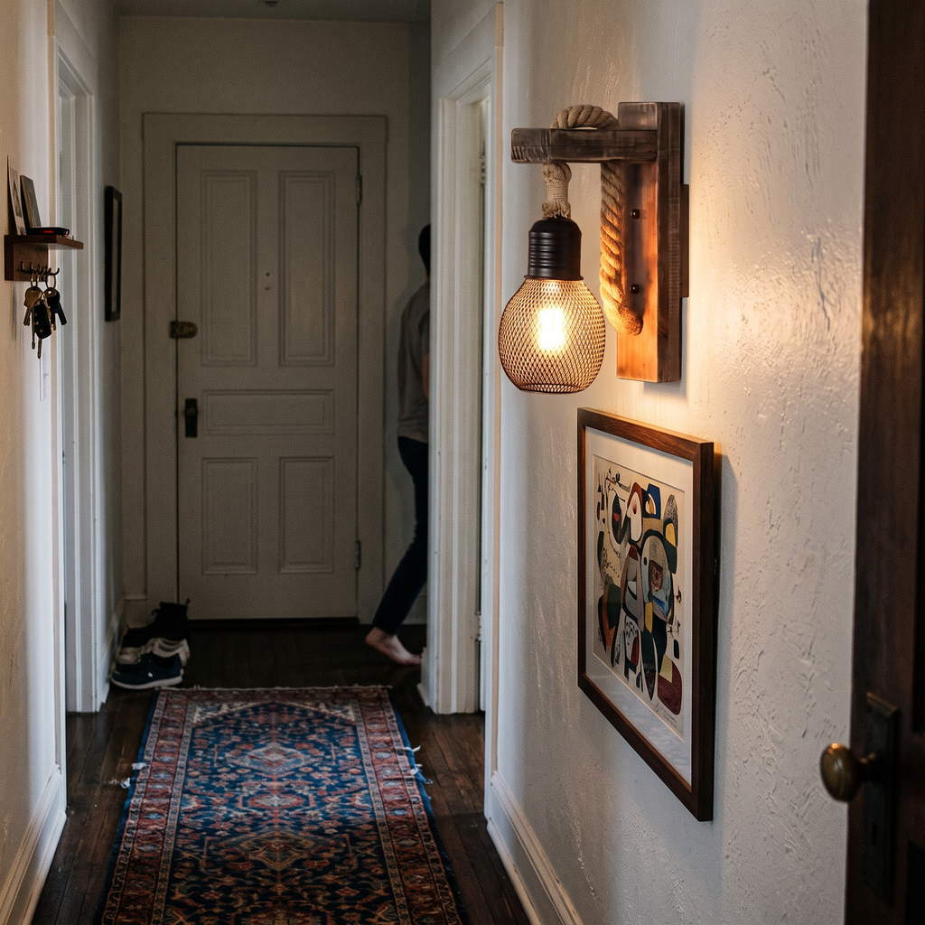 Wood and Rope Wall Light in hallway - Silva